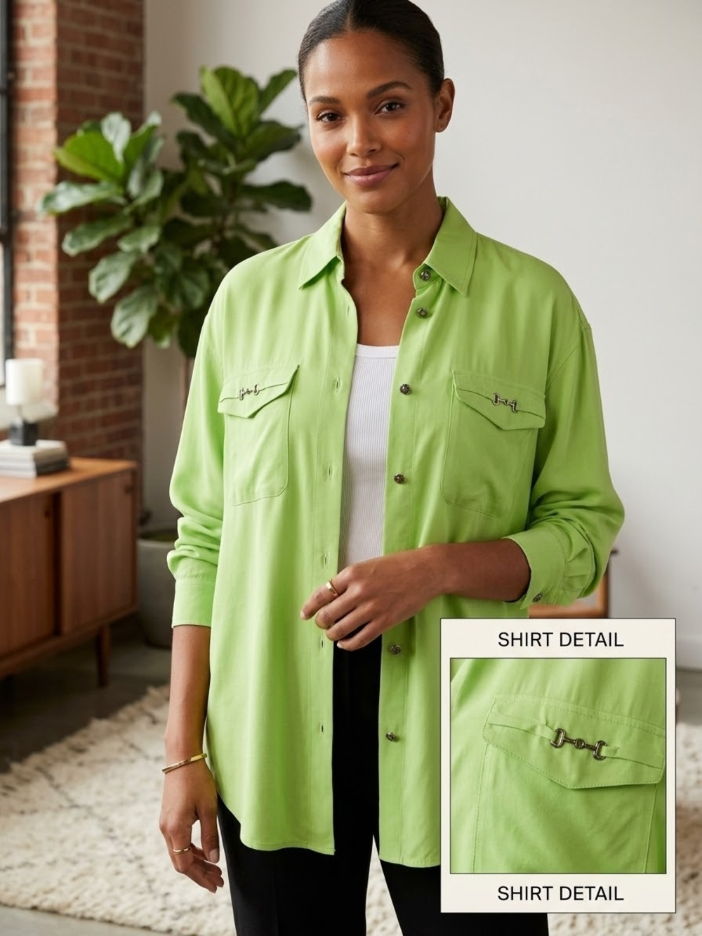 Allison Taylor Lime Green 100% Silk  Button-Front Shirt  Size Med